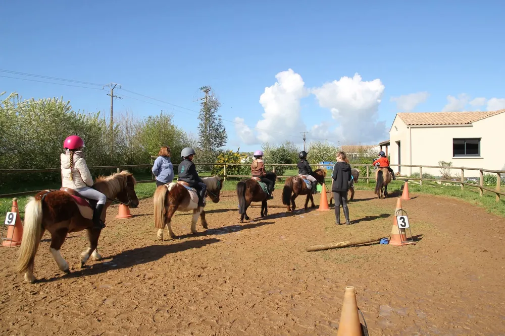 Des enfants à poney shetland dans la carrière des poneys, cônes et barres au sol, sous un grand ciel
