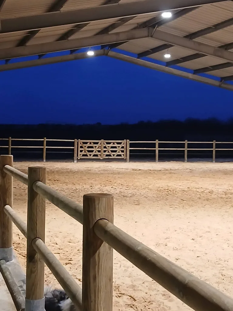 Le manège éclairé à la nuit tombée, le sable sous les projecteurs