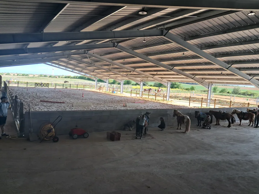 Sous le manège couvert, des poneys sellés attendent le cours
